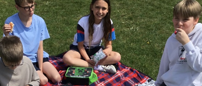 Some children enjoying their picnic lunch on the school field.