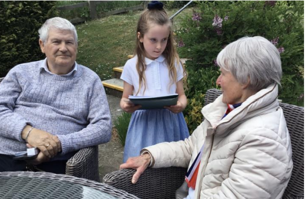 Child reading to adult