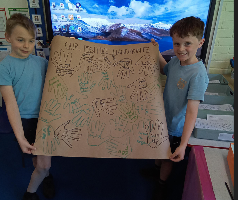 2 children holding up a piece of work