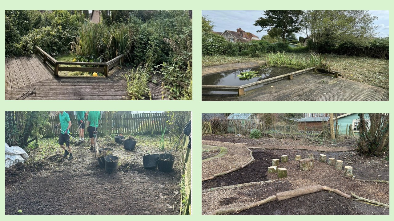 Pond area in process of being cleared and new paths being laid